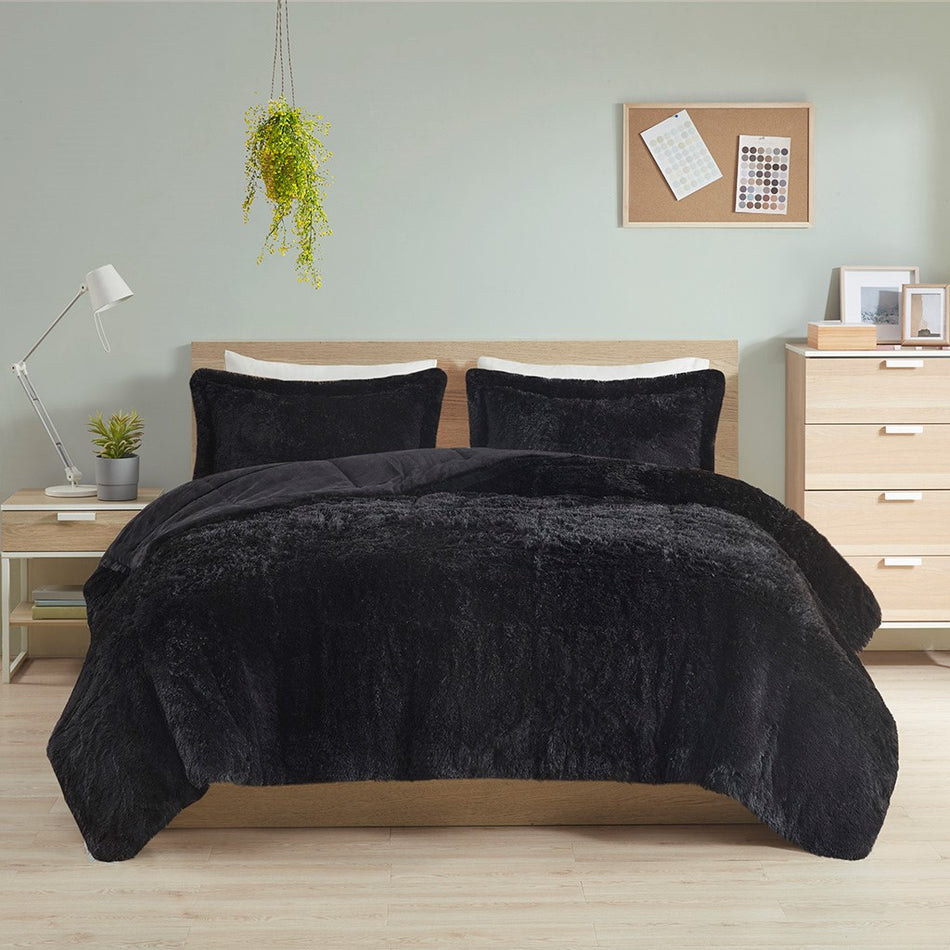 Malea Shaggy Long Fur Comforter Mini Set - Black - Full Size / Queen Size