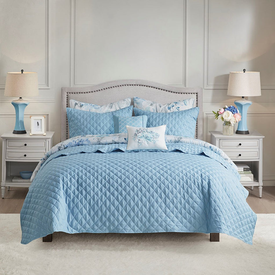 Pema 8 Piece Printed Seersucker Comforter and Coverlet Set Collection - Blue - King Size / Cal King Size