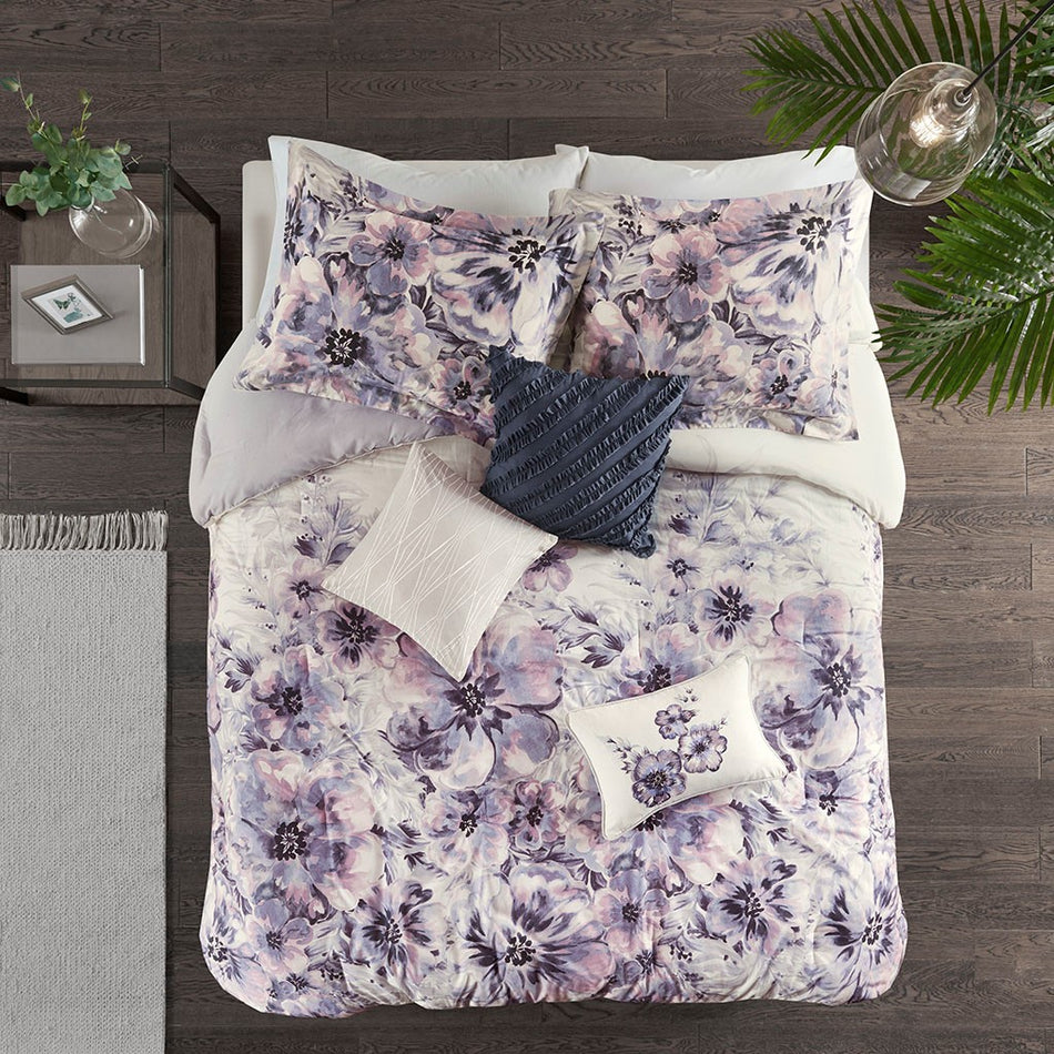Enza 7 Piece Cotton Printed Comforter Set - Purple - Cal King Size