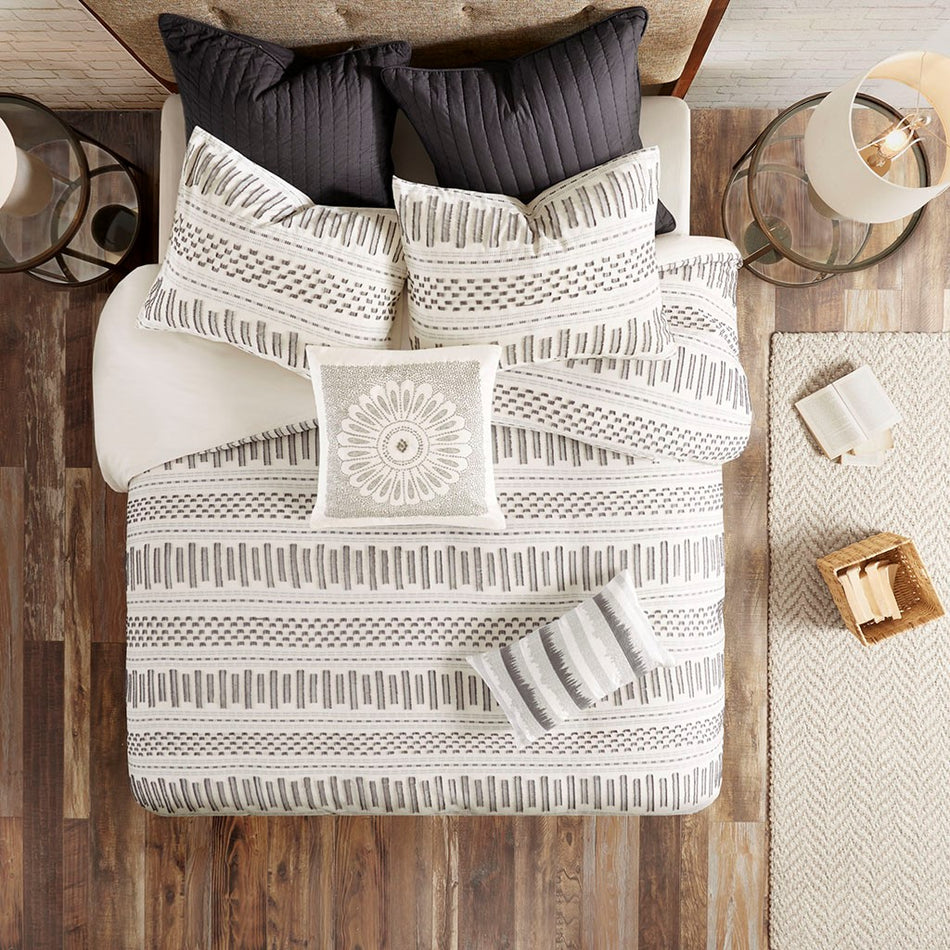 Rhea Cotton Jacquard Comforter Mini Set - Ivory / Charcoal - Full Size / Queen Size