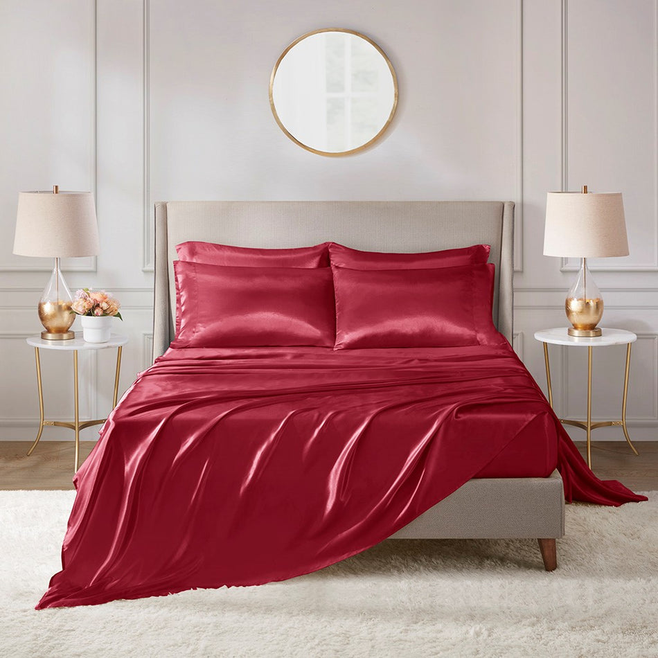 Madison Park Essentials Satin Luxury 6 PC Sheet Set - Red - Cal King Size