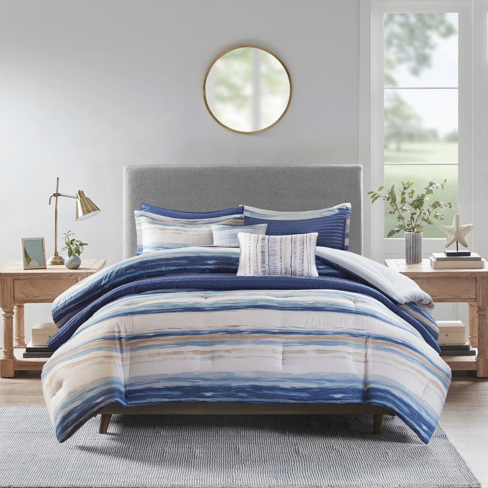 Marina 8 Piece Printed Seersucker Comforter and Coverlet Set Collection - Blue - King Size / Cal King Size