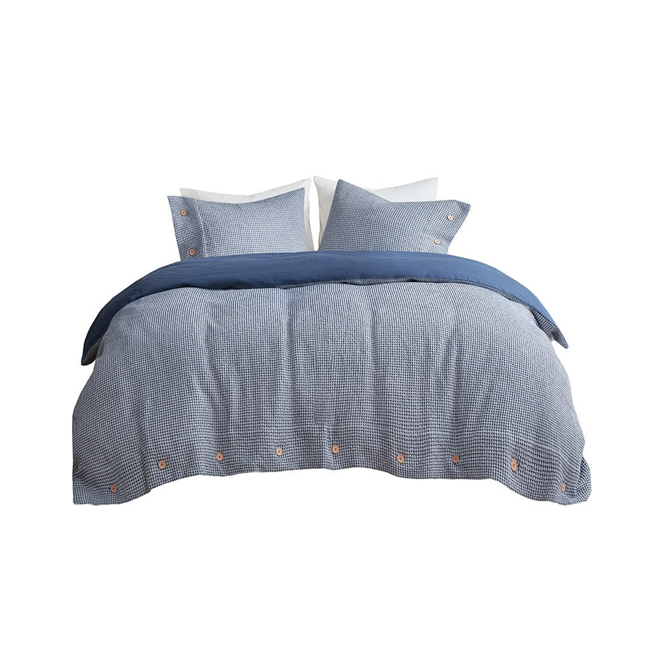 Mara 4 Piece Cotton and Rayon from Bamboo Blend Waffle Weave Comforter Cover Set w/removable insert - Blue - Full Size / Queen Size