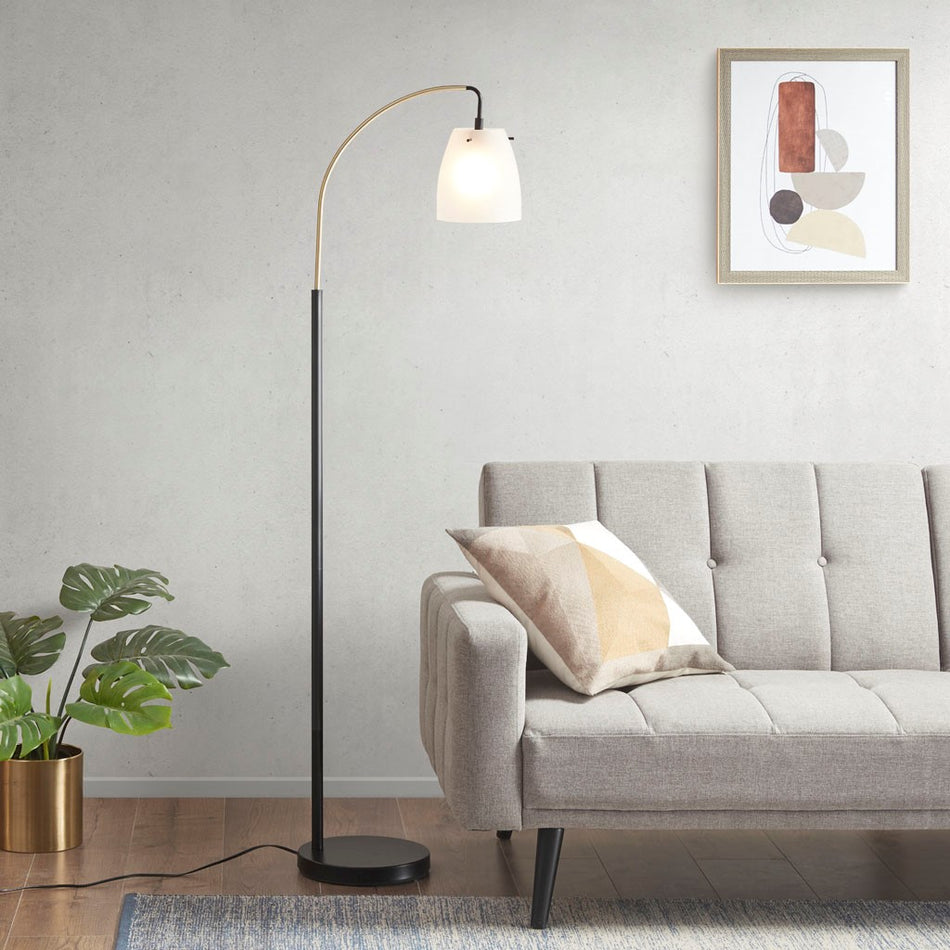 Bristol Arched Metal Floor Lamp with Frosted Glass Shade - Matte Black Base / Frosted Shade