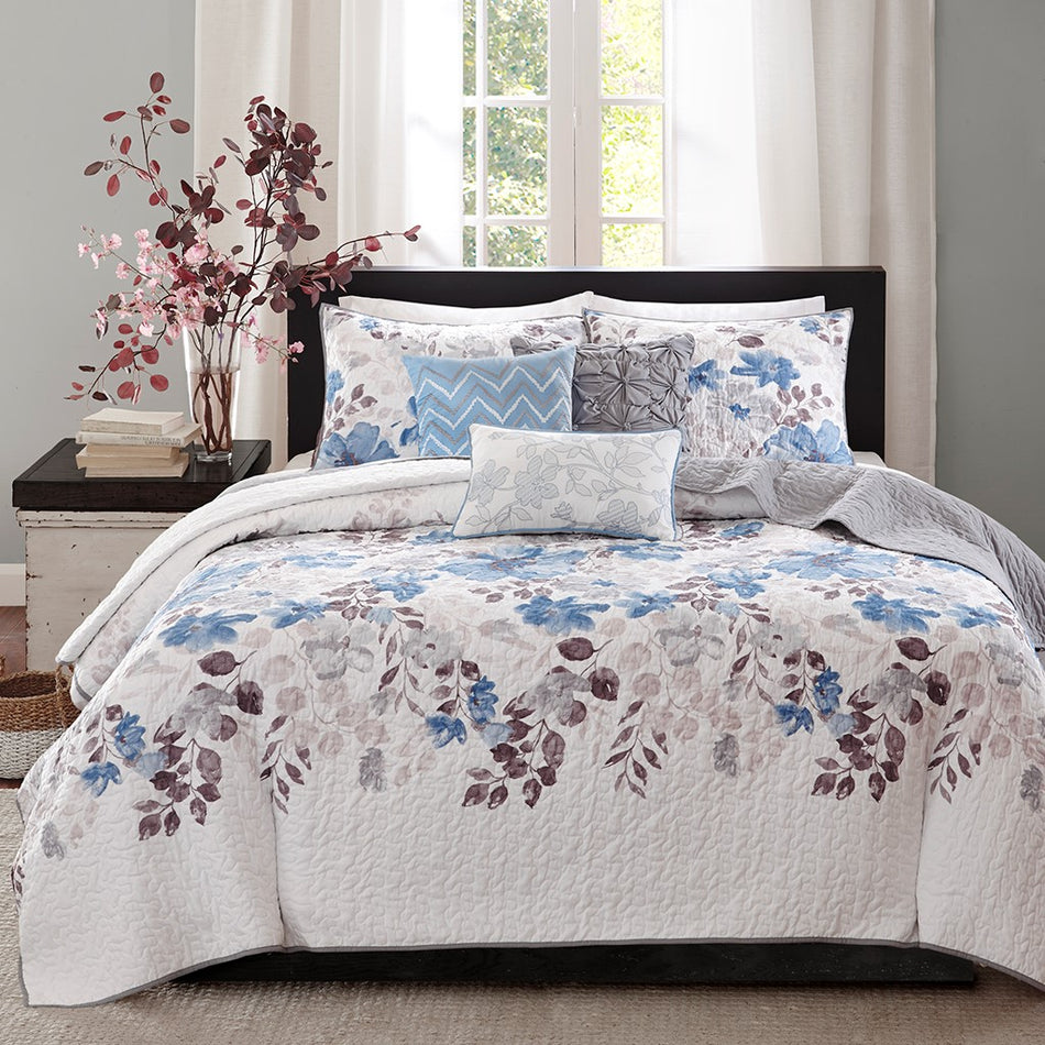Luna 6 Piece Printed Quilt Set with Throw Pillows - Blue - Full Size / Queen Size