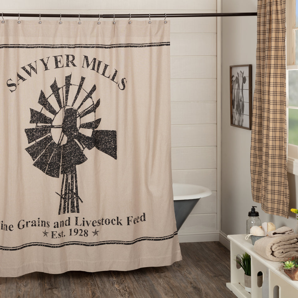 April & Olive Sawyer Mill Charcoal Windmill Shower Curtain 72x72 By VHC Brands