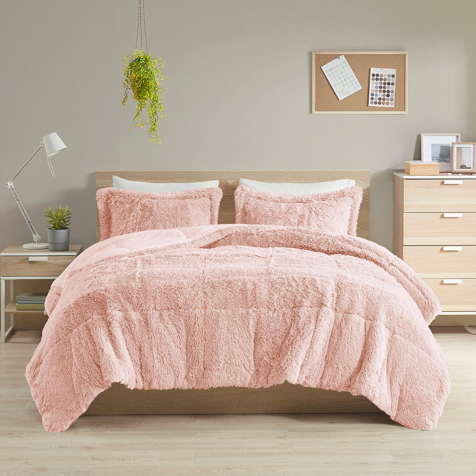 Malea Shaggy Faux Fur Comforter Mini Set - Blush - Full Size / Queen Size