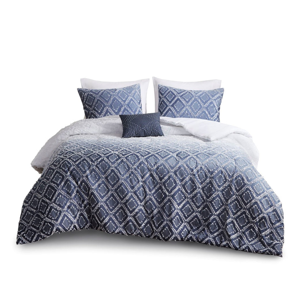 Ava Ombre Printed Clipped Jacquard Comforter Set - Navy - Full Size / Queen Size