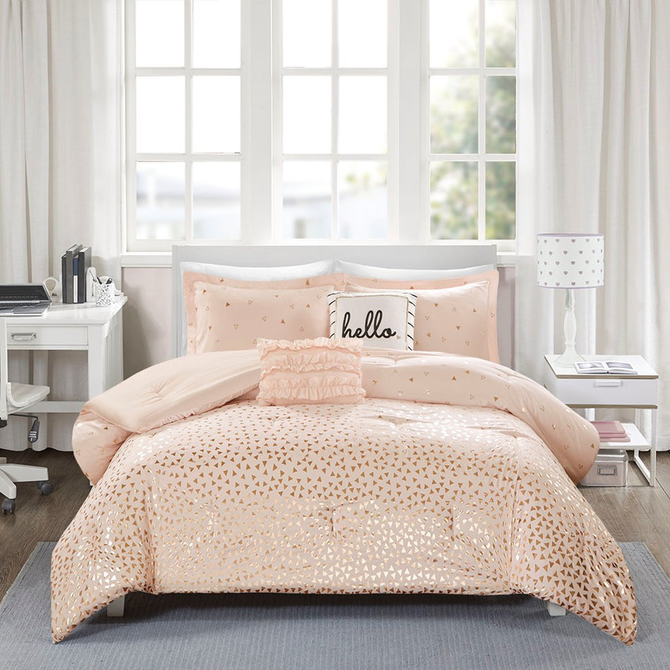 Zoey Metallic Triangle Print Comforter Set - Blush / Rosegold - Full Size / Queen Size