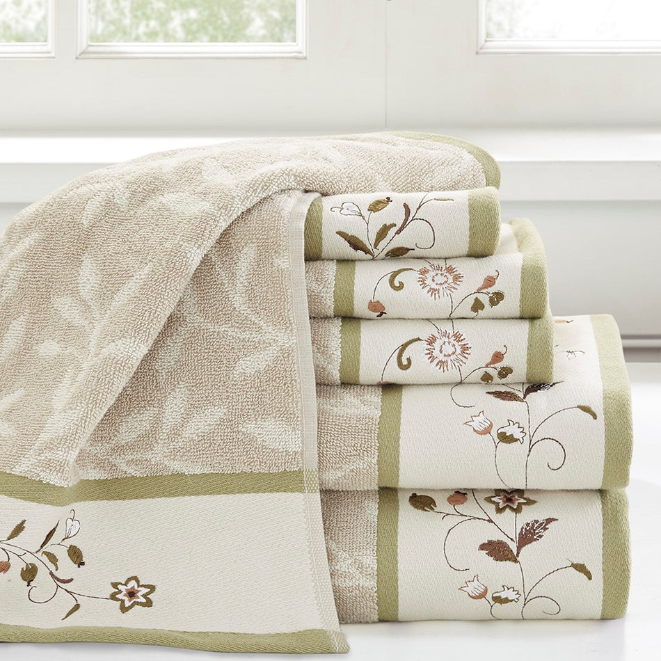 Madison Park Serene Embroidered Cotton Jacquard 6 Piece Towel Set - Green 