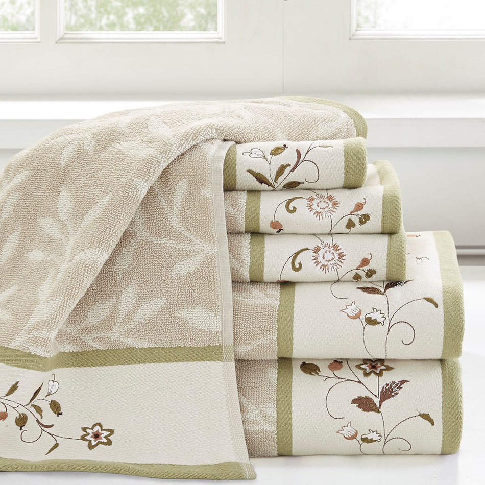 Madison Park Serene Embroidered Cotton Jacquard 6 Piece Towel Set - Green