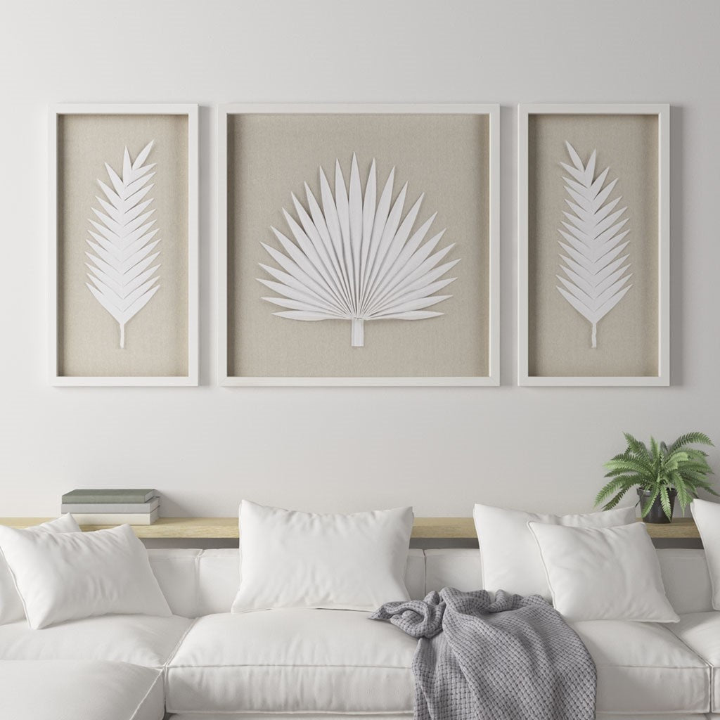Madison Park Sabal Palm Rice Paper Framed Shadow Box 3 Piece Set - Off White