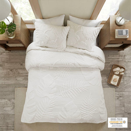 Madison Park Bahari 3 Piece Tufted Cotton Chenille Palm Duvet Cover Set - Off White - Full Size / Queen Size