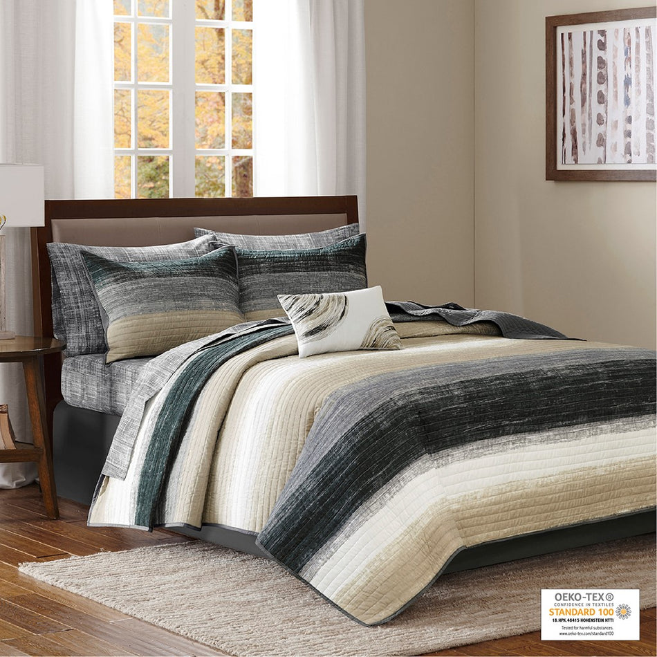 Saben 6 Piece Quilt Set with Cotton Bed Sheets - Taupe - Twin Size