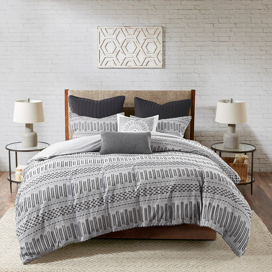 Rhea Cotton Jacquard Comforter Mini Set - Grey / Black - Full Size / Queen Size