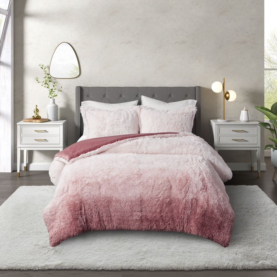 Cleo Ombre Shaggy Fur Comforter Set - Blush - King Size