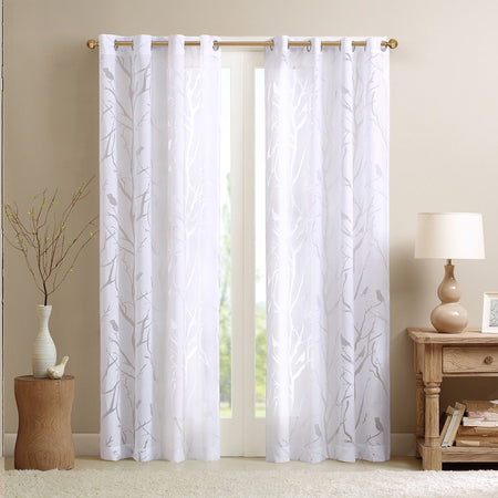 Madison Park Averil Grommet Top Sheer Bird on Branches Burnout Window Curtain - White - 50x95"