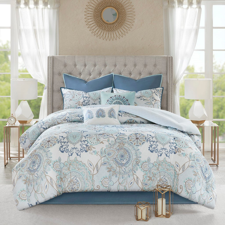 Isla 8 Piece Cotton Floral Printed Reversible Comforter Set - Blue - Queen Size