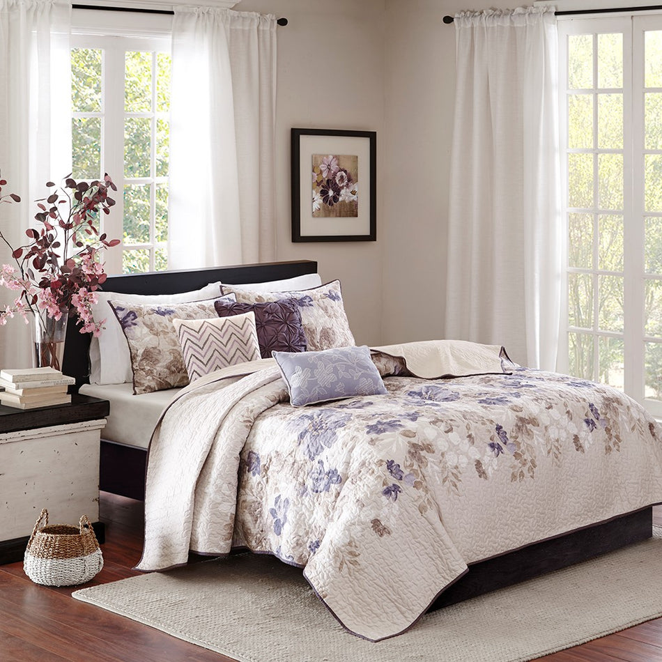 Madison Park Luna 6 Piece Printed Quilt Set with Throw Pillows - Taupe - King Size / Cal King Size