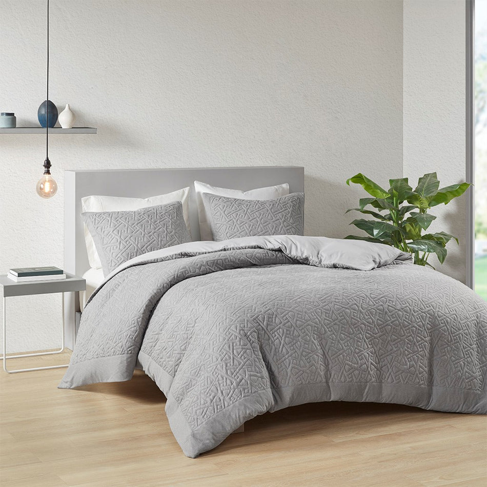 N Natori Origami 3 Piece Oversized Knit Quilted Top Duvet Cover Mini Set - Grey - Full Size / Queen Size