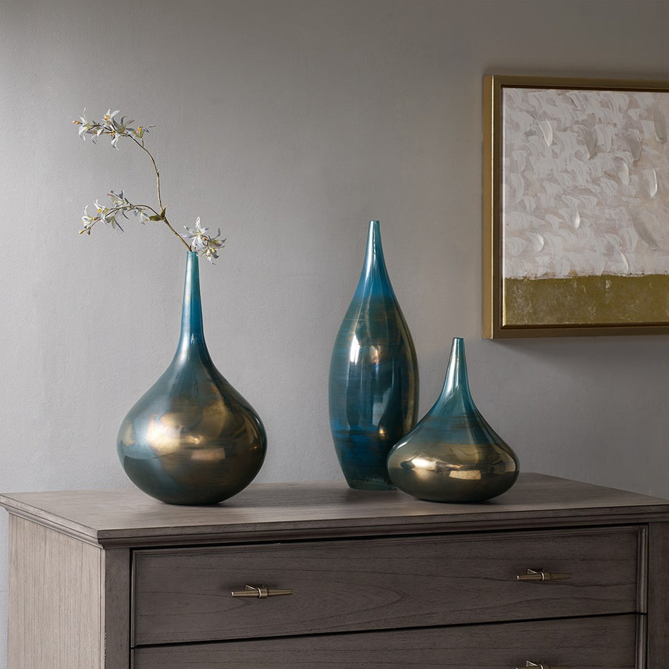 Madison Park Signature Aurora Handmade Rainbow Glass Vase- Set of 3 - Blue Metal