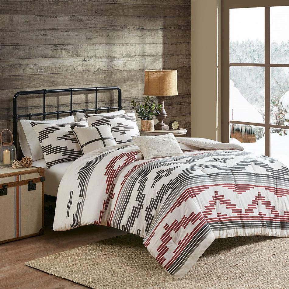 Woolrich Simons 5 Piece Herringbone Oversized Comforter Set - Grey / Red - King Size / Cal King Size