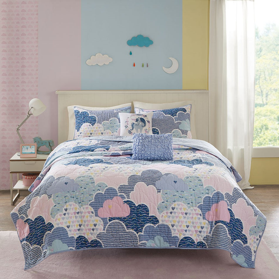 Cloud Reversible Cotton Quilt Set with Throw Pillows - Blue - Twin Size