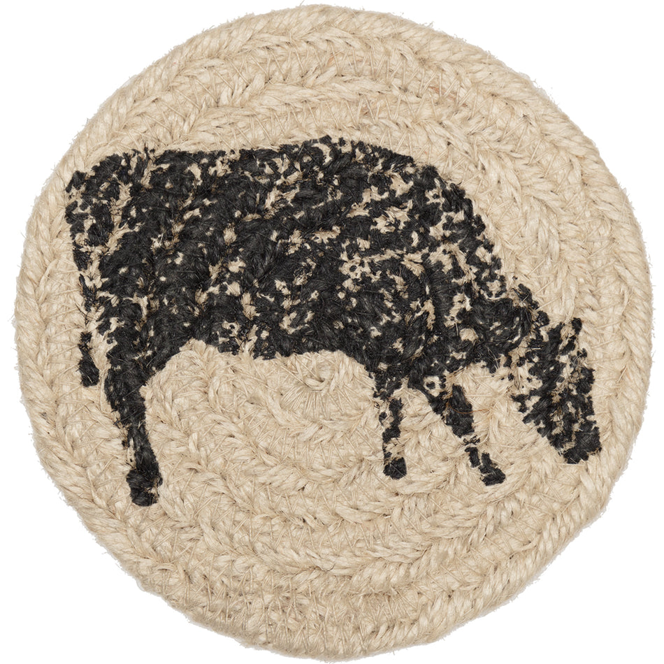 April & Olive Sawyer Mill Charcoal Cow Jute Coaster Set of 6 By VHC Brands