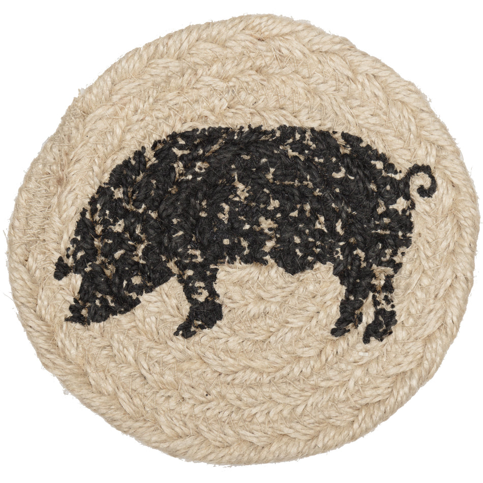 April & Olive Sawyer Mill Charcoal Pig Jute Coaster Set of 6 By VHC Brands