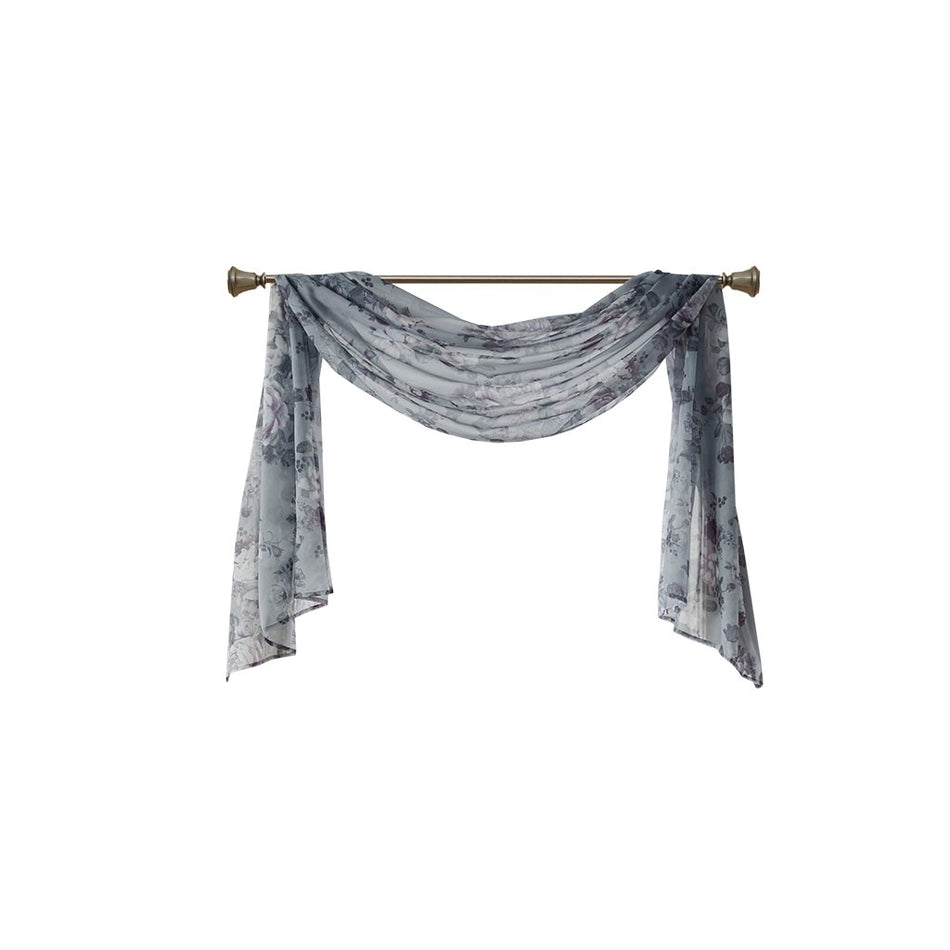 Simone Printed Floral Voile Sheer Scarf - Grey - 42x144"