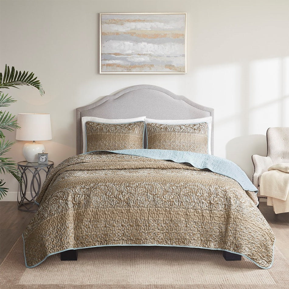 Nadia 3 Piece Reversible Jacquard Coverlet Set - Blue / Brown - Full Size / Queen Size