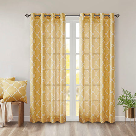 Madison Park Saratoga Fretwork Print Grommet Top Window Curtain - Yellow - 50x63"