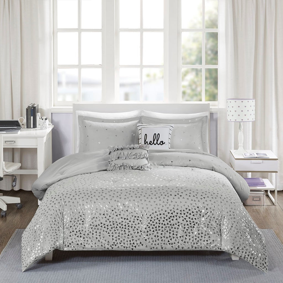 Zoey Metallic Triangle Print Comforter Set - Grey / Silver - Full Size / Queen Size