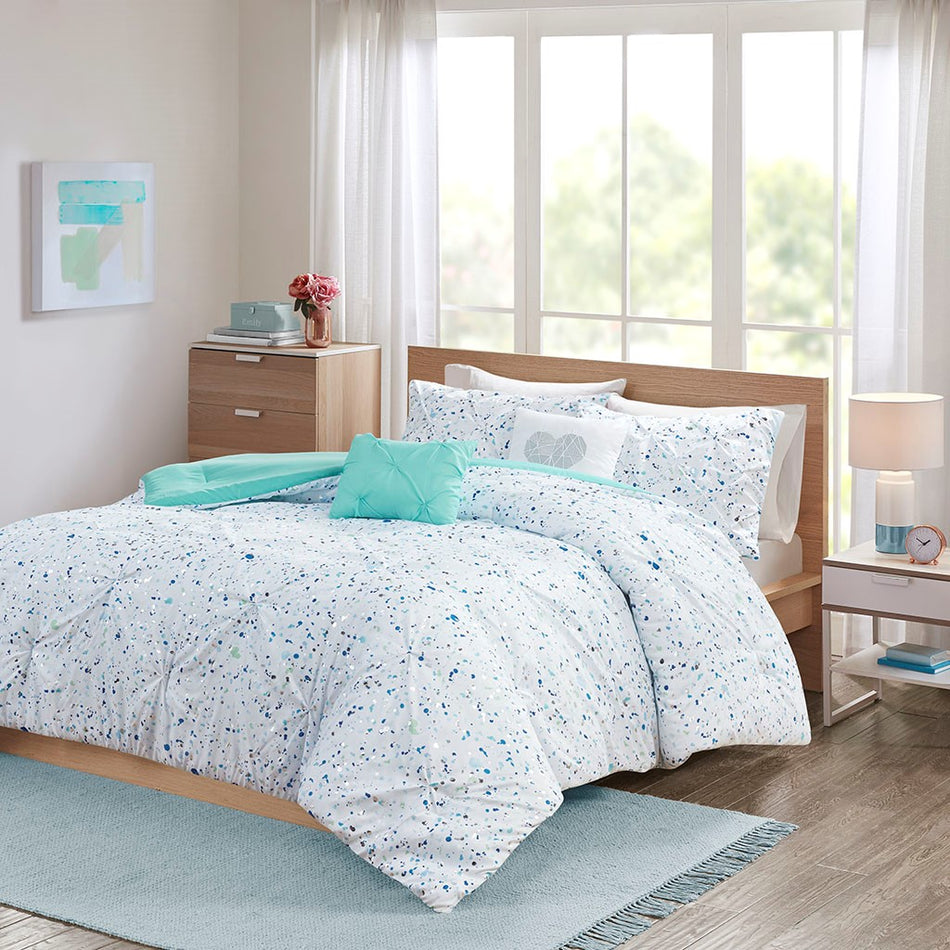 Abby Metallic Printed and Pintucked Comforter Set - Aqua blue - Twin Size / Twin XL Size