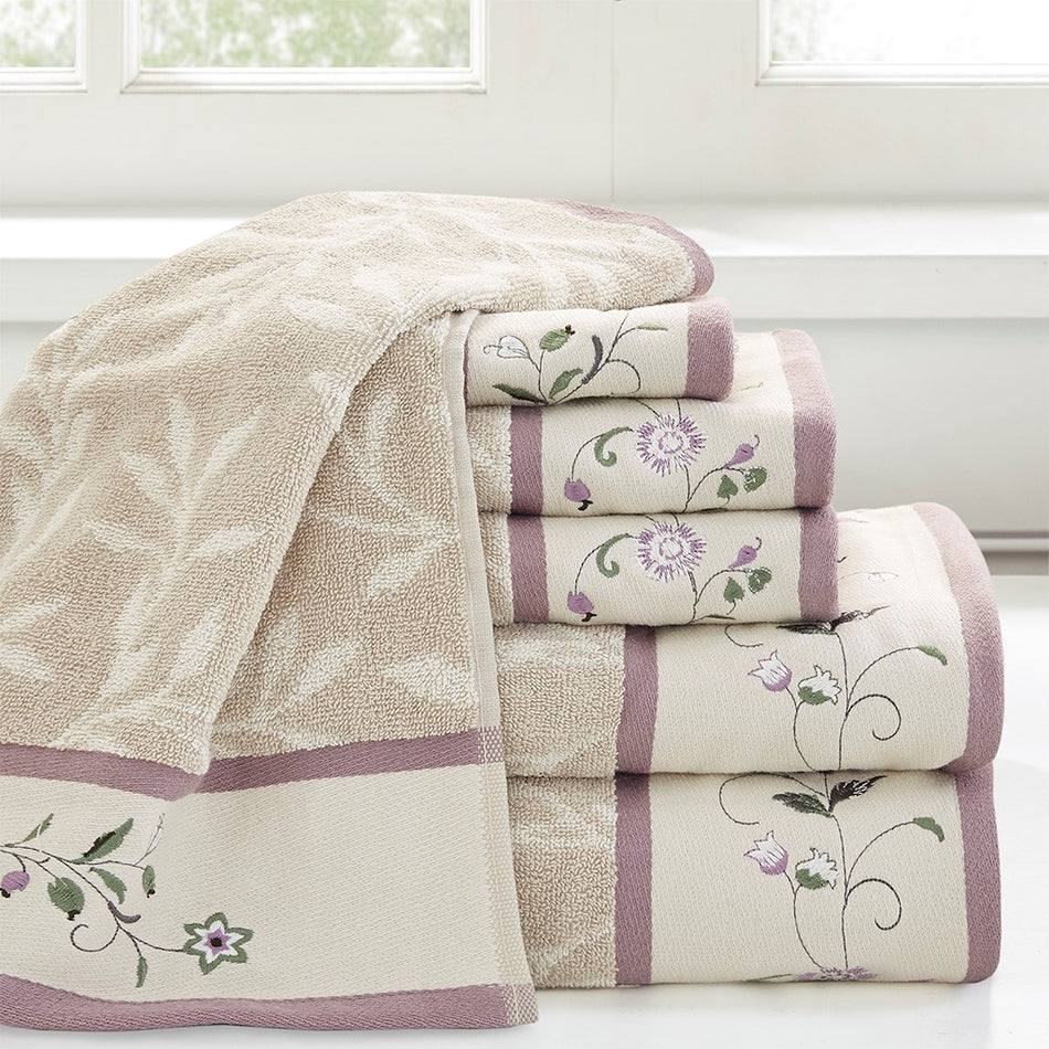 Madison Park Serene Embroidered Cotton Jacquard 6 Piece Towel Set - Purple 