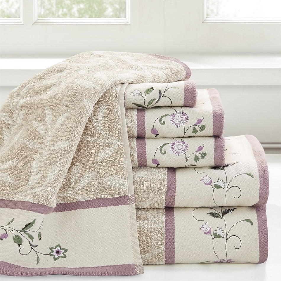 Madison Park Serene Embroidered Cotton Jacquard 6 Piece Towel Set - Purple