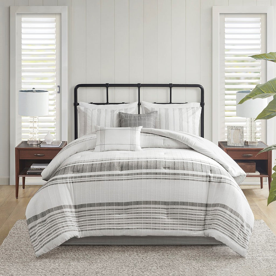 Morgan 6 Piece Cotton Jacquard Oversized Comforter Set - White / Grey - Cal King Size