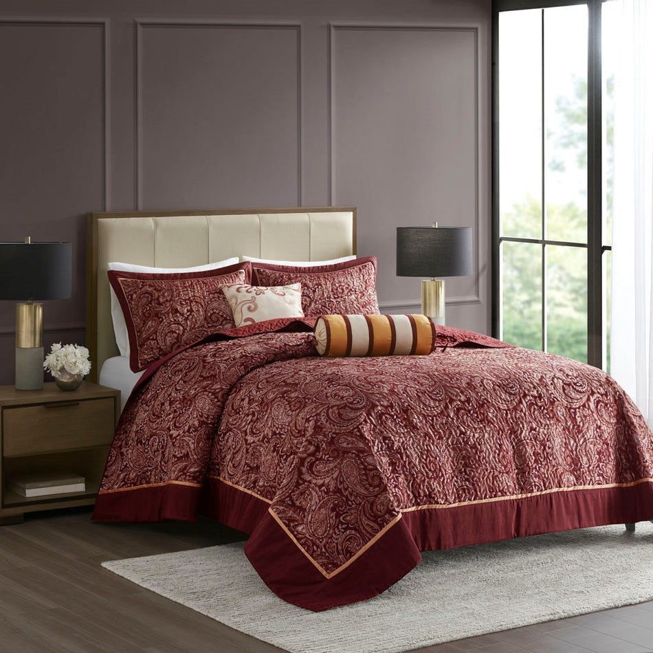 Madison Park Aubrey 5 Piece Reversible Jacquard Bedspread Set - Burgundy - Queen Size