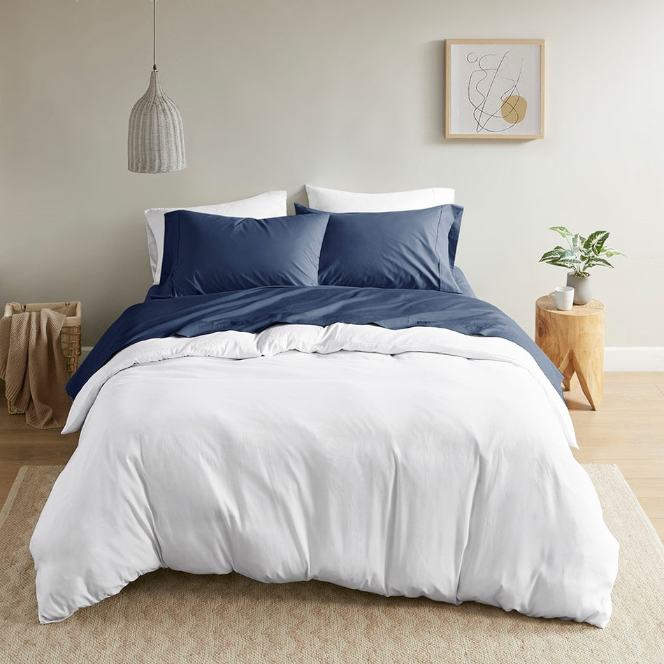Peached Percale Cotton Peached Percale Sheet Set - Navy - Twin Size