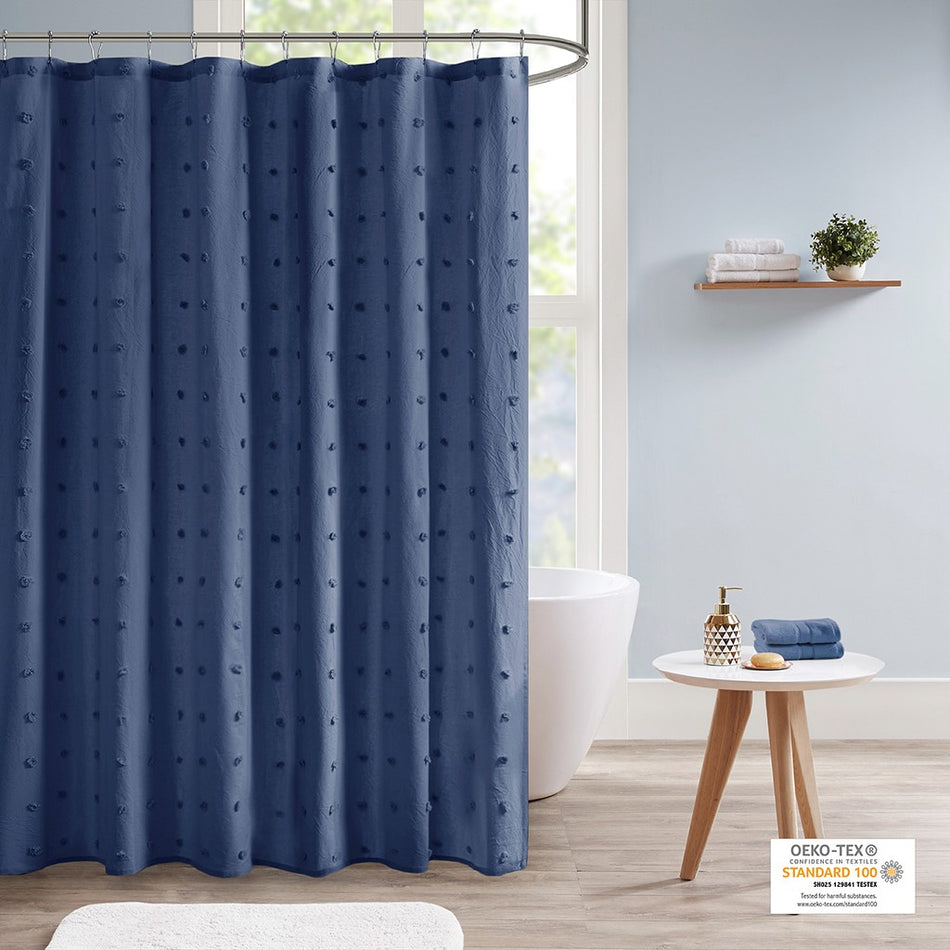 Urban Habitat Brooklyn Cotton Jacquard Pom Pom Shower Curtain - Indigo Blue - 70x72"