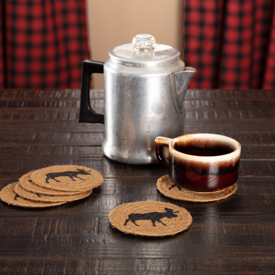 Oak & Asher Cumberland Stenciled Moose Jute Coaster Set of 6 By VHC Brands
