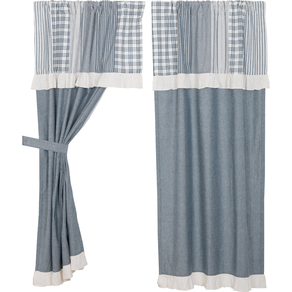 April & Olive Sawyer Mill Blue Chambray Solid Short Panel with Attached Patchwork Valance Set of 2 63x36 By VHC Brands