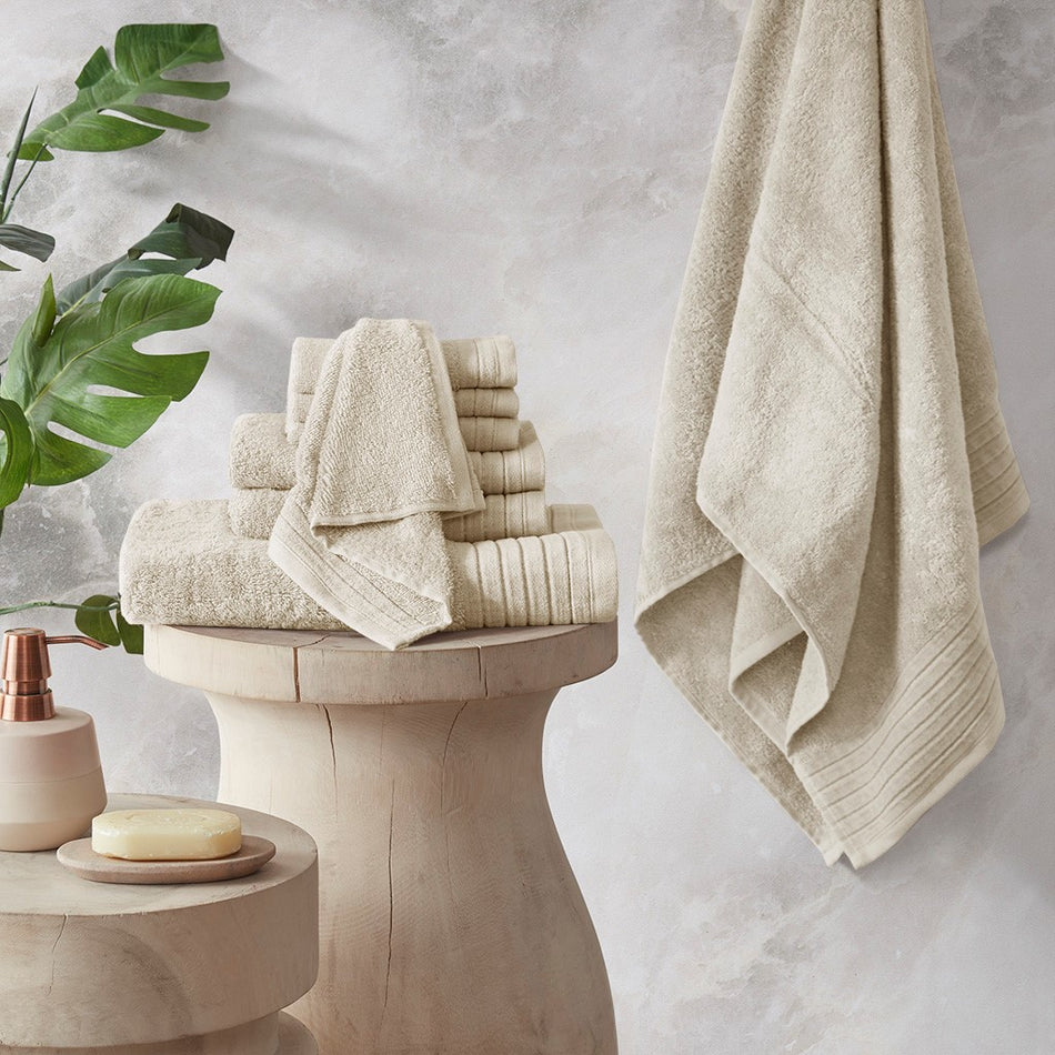 Madison Park Signature Parker Textured Solid Stripe 600GSM Cotton Antimicrobial Bath Towel 6PC Set - Ivory