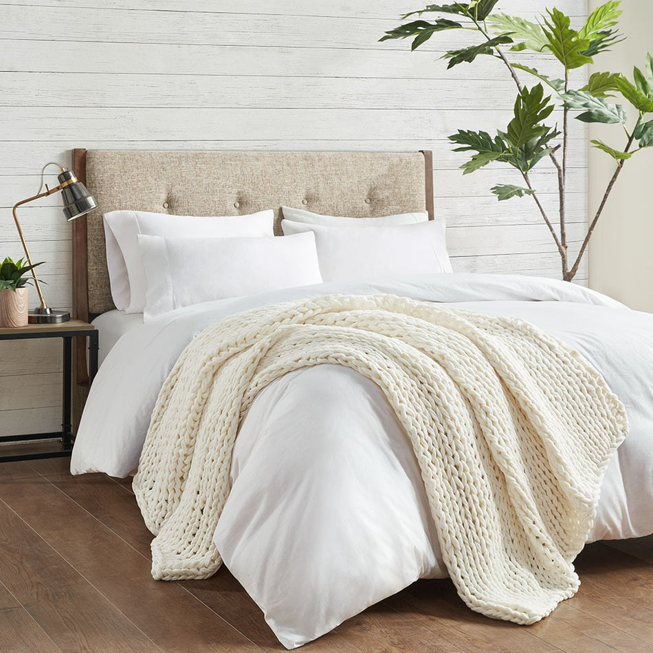 Chunky Double Knit Handmade Throw - Ivory - 50x60"