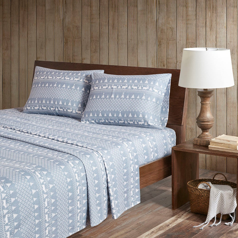 Woolrich Cotton Flannel Sheet Set - Blue Winter Frost - Cal King Size