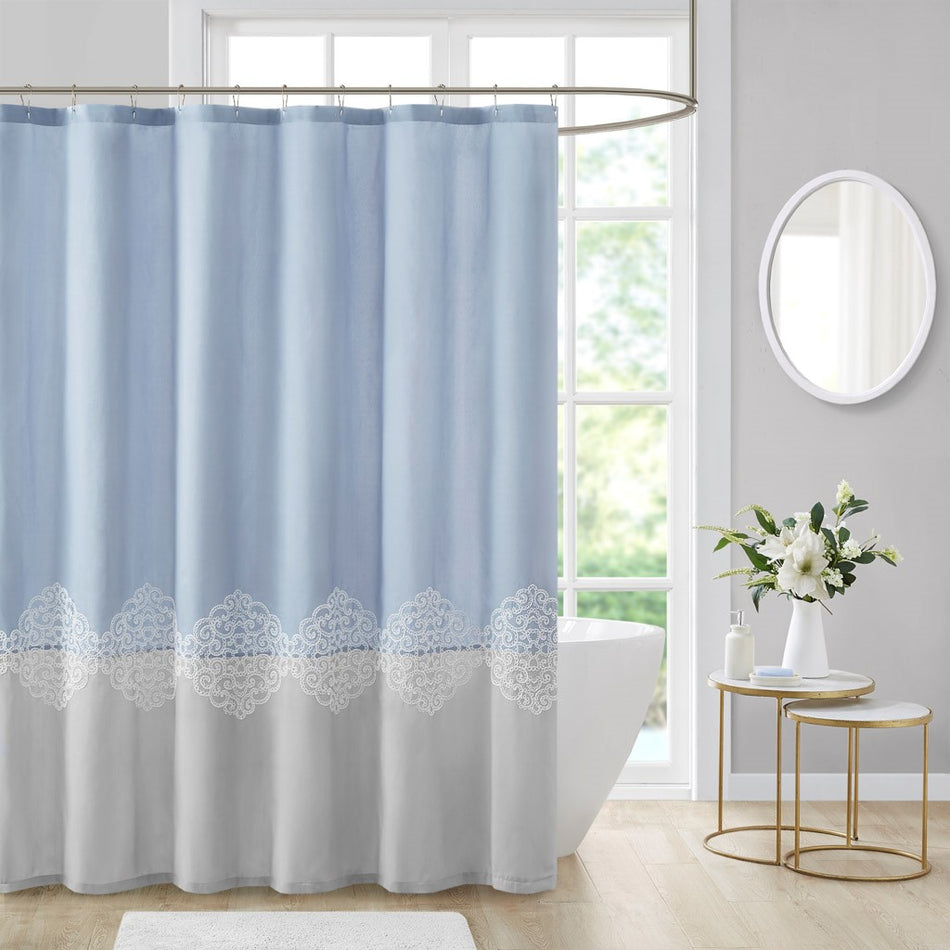 Madison Park Panache Pieced and Embroidered Shower Curtain - Blue - 72x72"