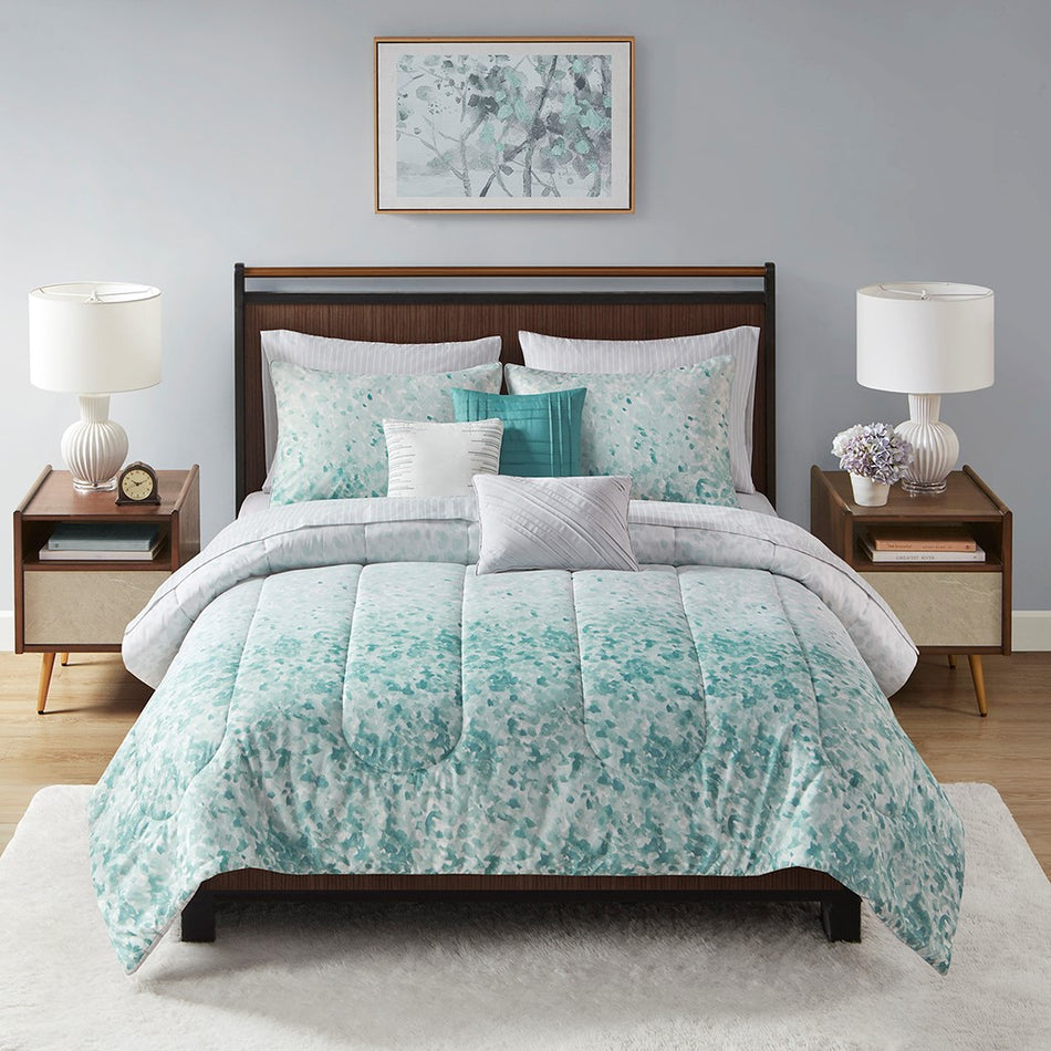 Beautyrest Vail 10 Piece Watercolor Ombre Comforter Set with Bed Sheets - Teal - Queen Size