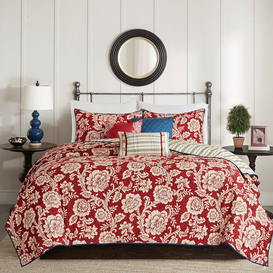 Lucy 6 Piece Reversible Cotton Twill Quilt Set with Throw Pillows - Red - Full Size / Queen Size