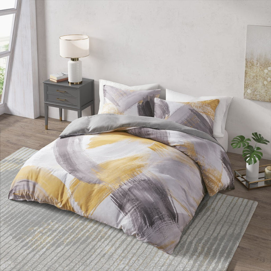 CosmoLiving Andie Cotton Printed Duvet Cover Set - Grey / Yellow - King Size / Cal King Size