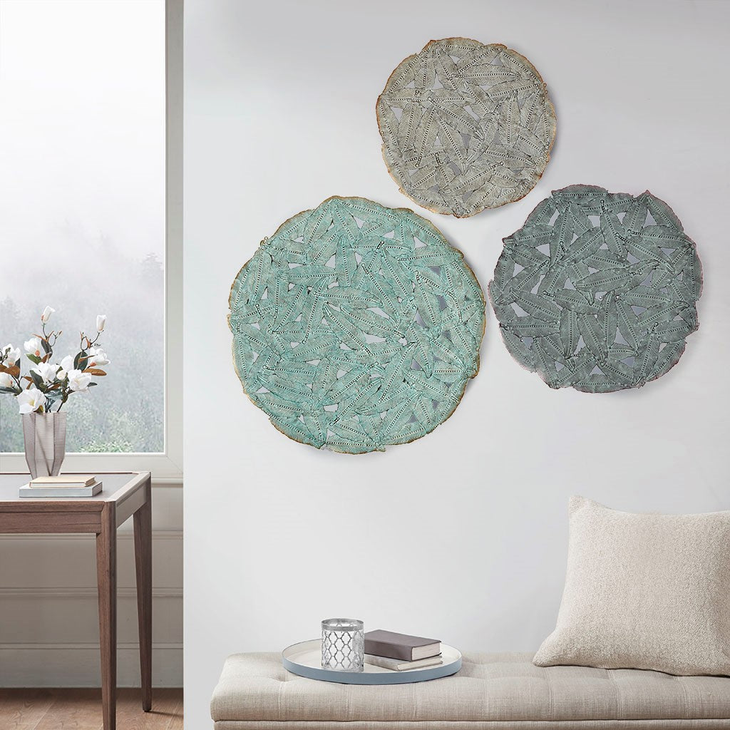 Madison Park Rossi Feather Painted Iron Round Wall Decor 3 Piece Set - Blue